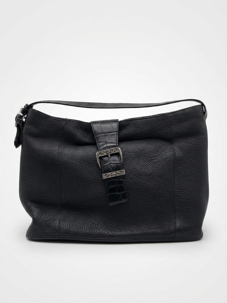 Sac hobo noir en cuir grainé – Sangle centrale effet crocodile & boucle