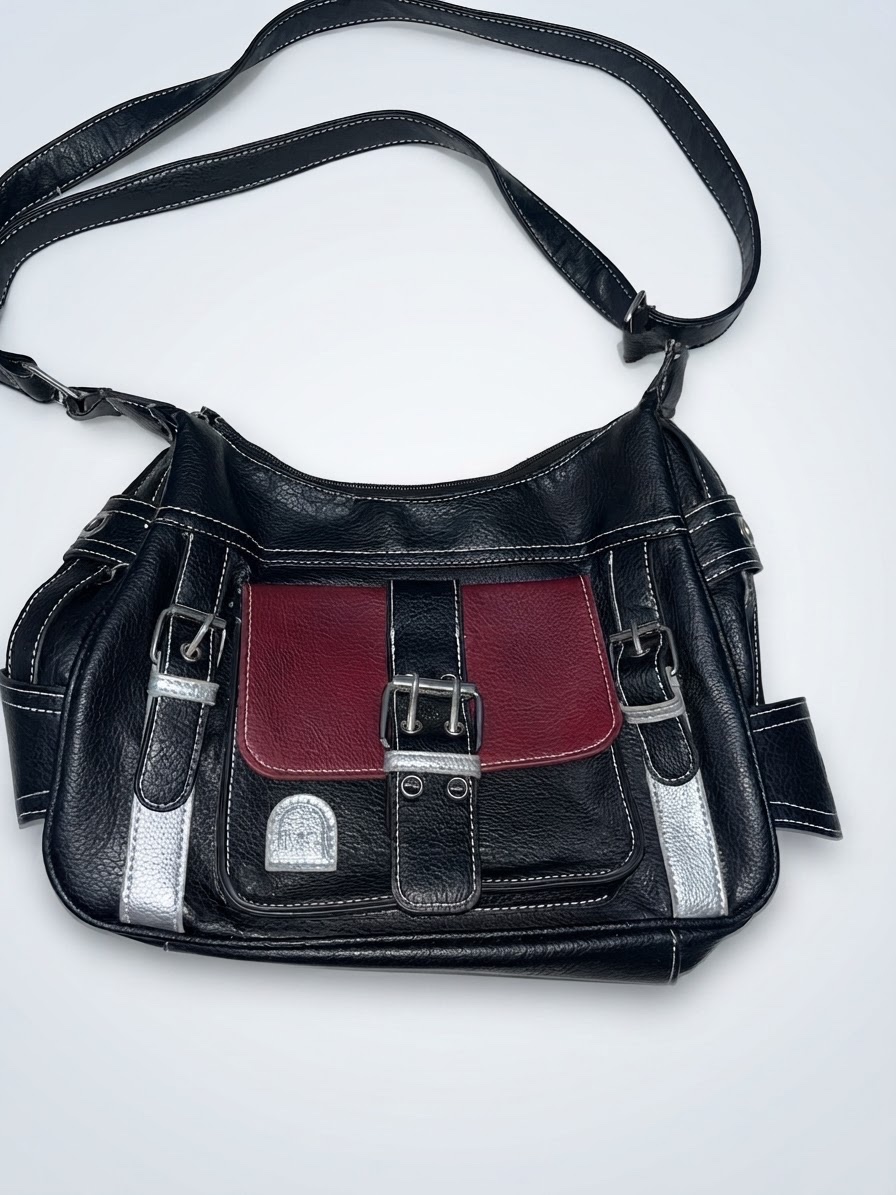 Sac à bandoulière noir & bordeaux style Y2K / Grunge – Multi-poches