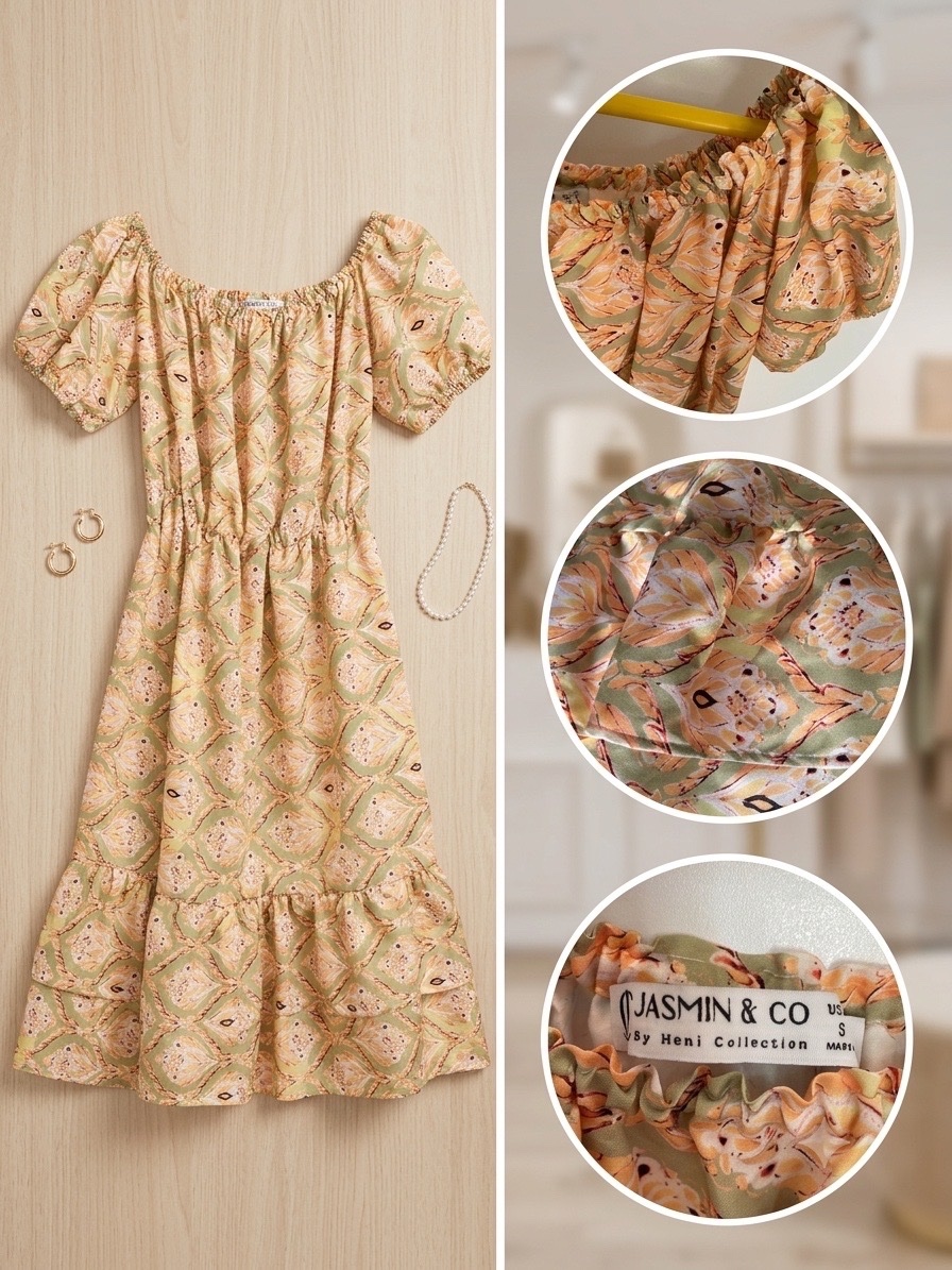 Robe fleurie verte & jaune à manches bouffantes – Taille S