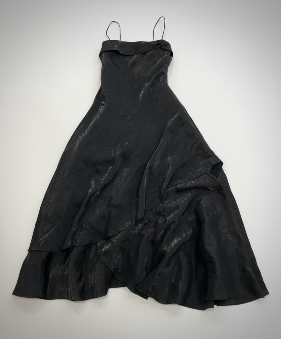 Black Satin Ruffle Gown