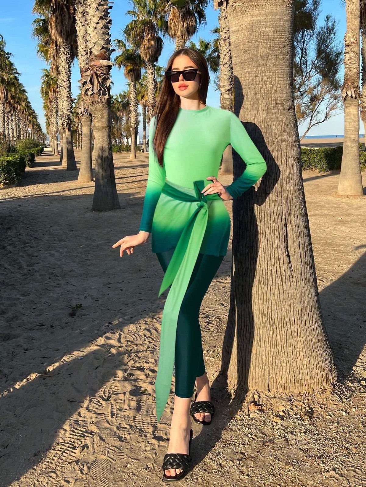 Swim Shayni Women's Ombre Stand Collar Long Sleeve Burkini Jumpsuit With Skirt And Pants, 3-Piece Casual SetArabic Clothing