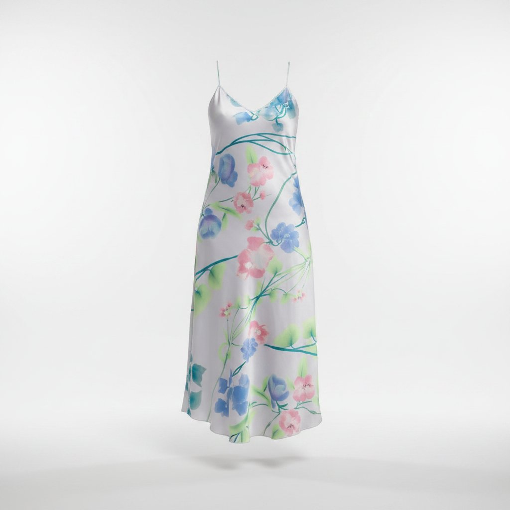 Nuisette longue en satin imprimé jardin lavande 💐la vie en rose 🌹L