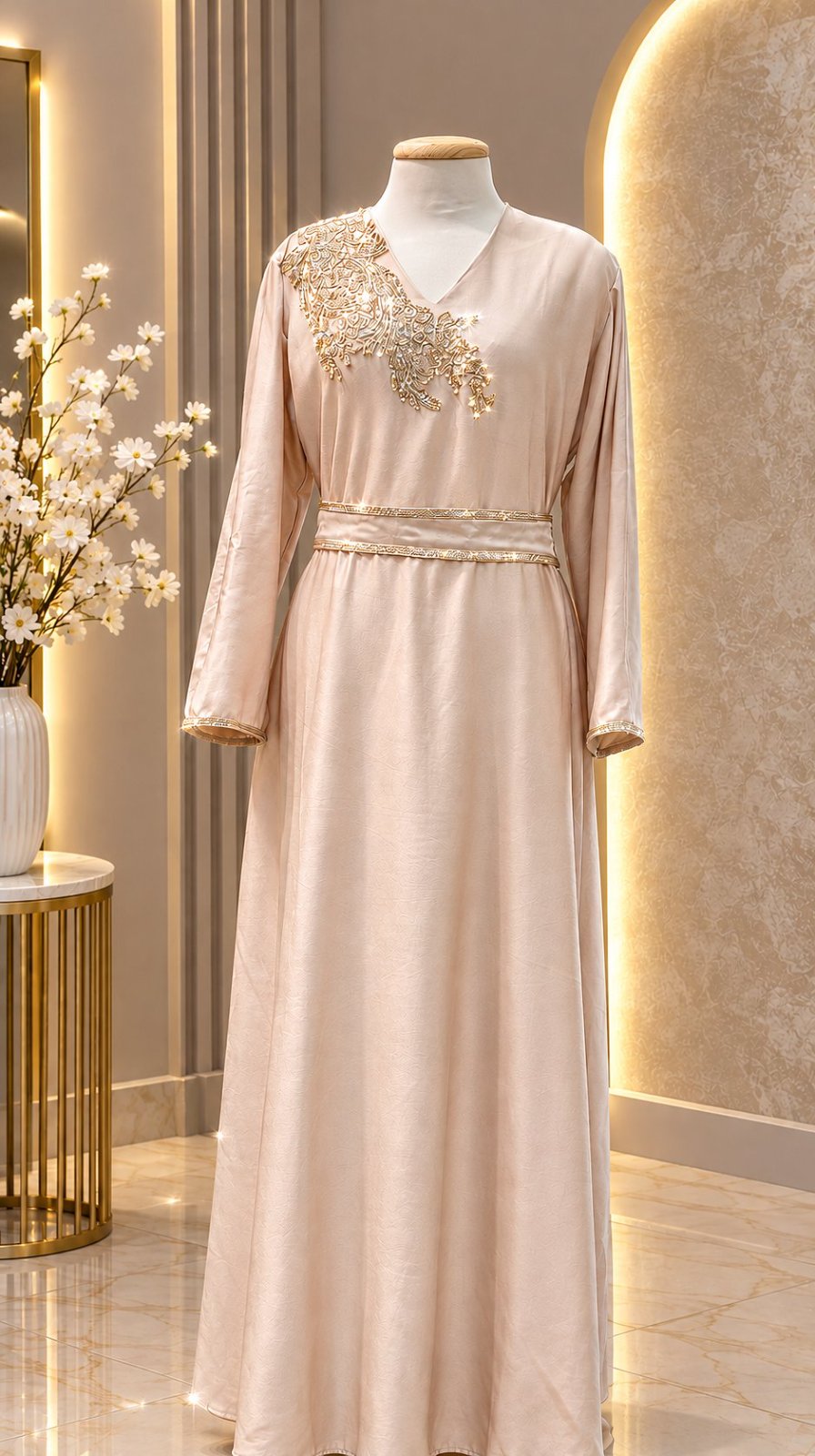 Robe soirée satinée beige avec doré 