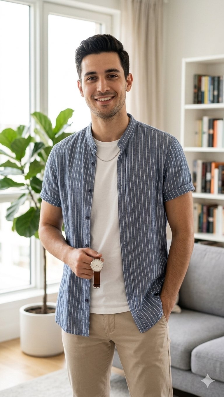 Chemise homme a rayures en lin mélangé avec coton 