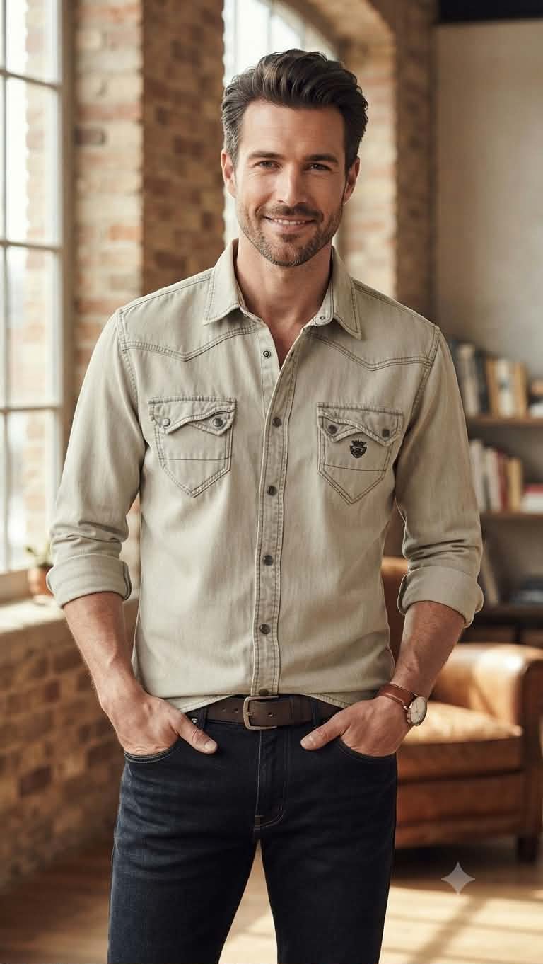 Chemise grise en jeans solide pour homme western style 