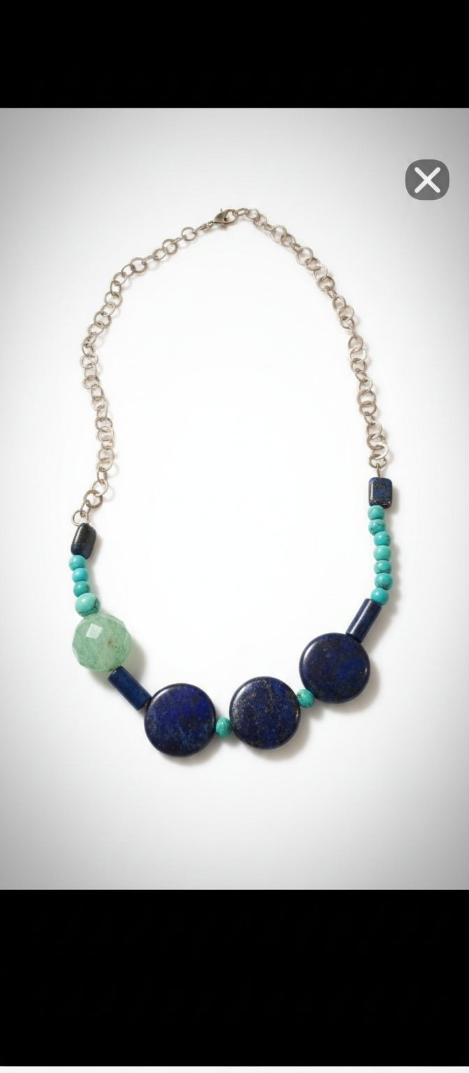 Collier rihana en argent ,apis lazulis,turquoises et quartz aquamarine