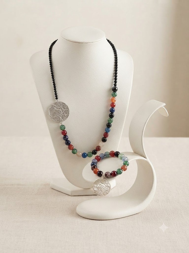 Collier et son bracelet pierres naturelles et argent filigrané