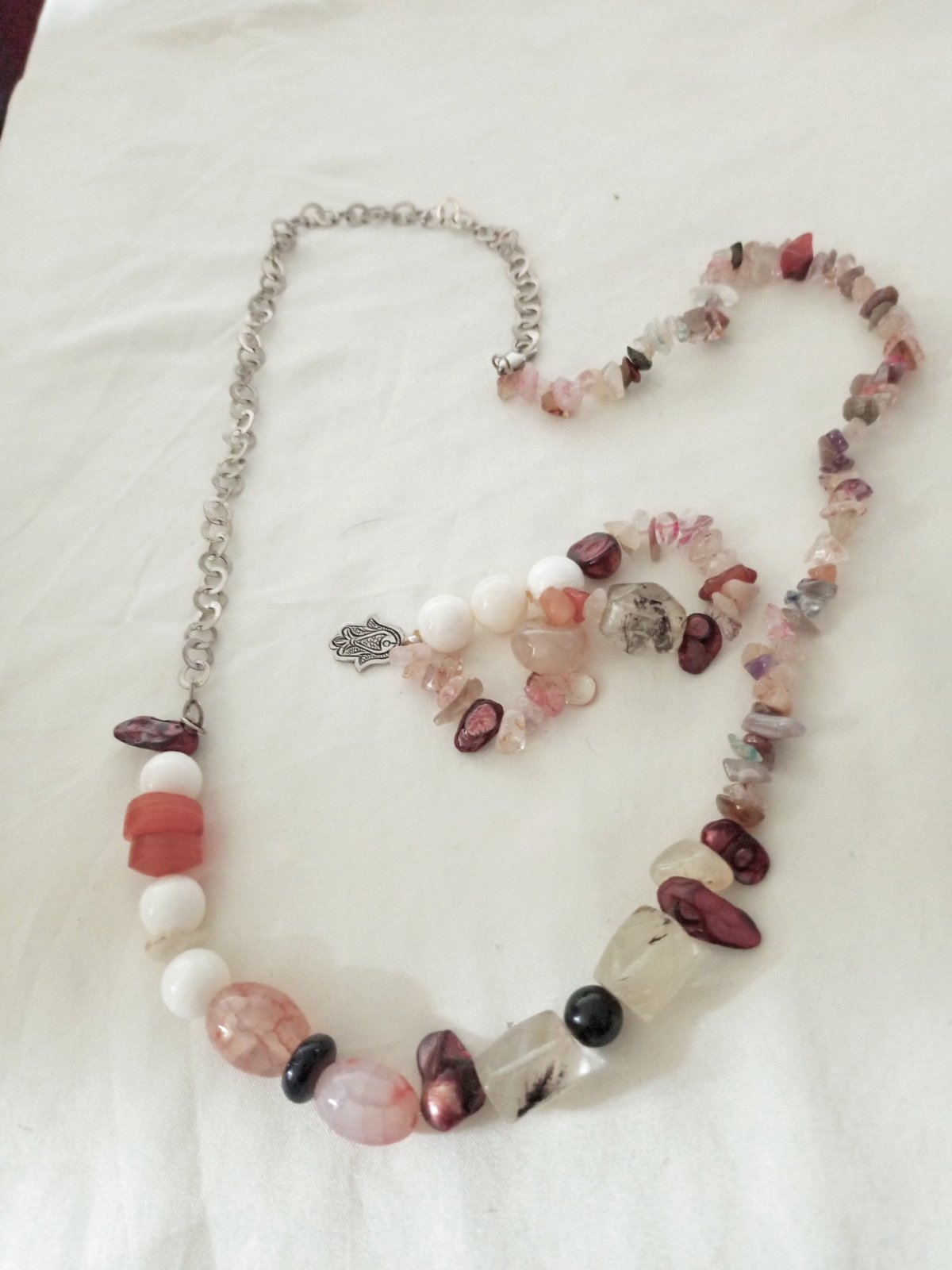 Collier long et son bracelet en aghates perles sauvages,quartz ..et rihana en argent