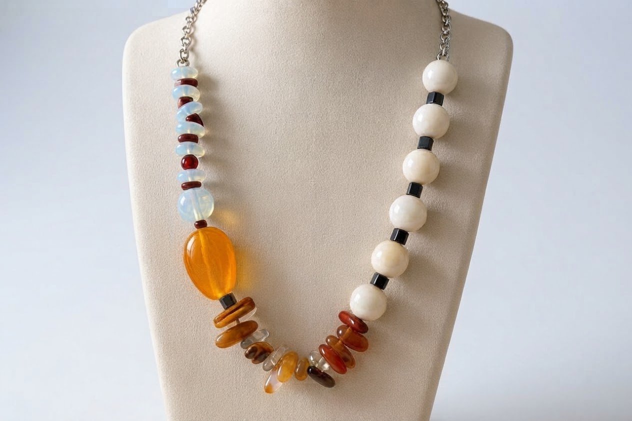 Aghates,cornaline,tourmaline,pierres de lune,nacre,monté sur rihana en argent