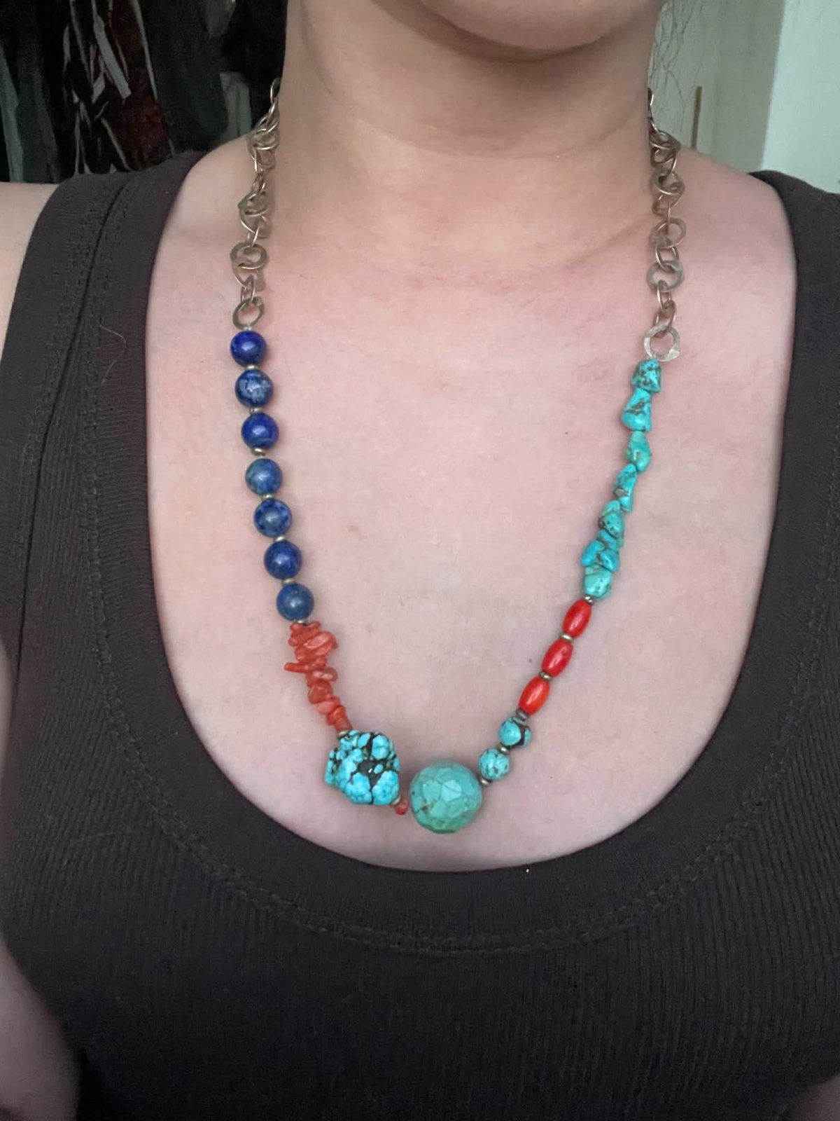 Collier turquoise ,corail,lapis lazuliet argent