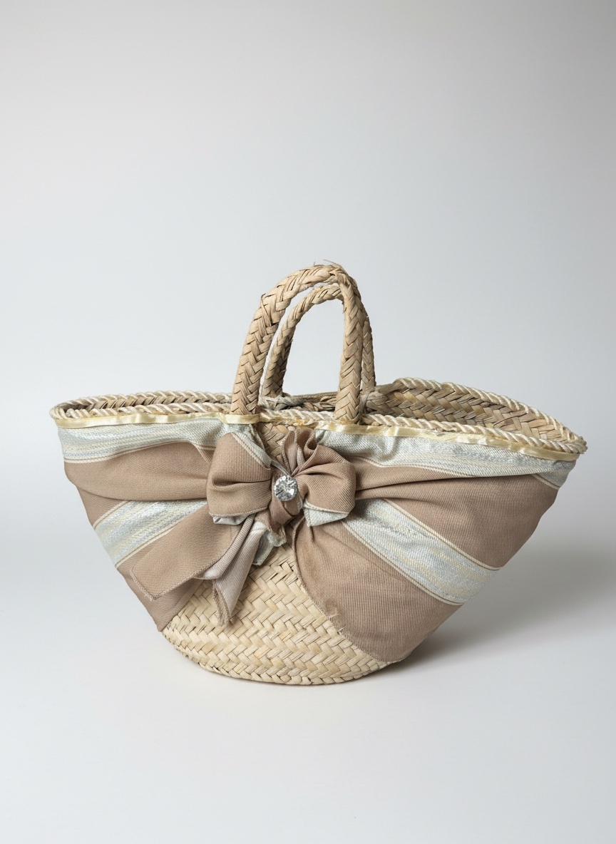 Panier en paille de style artisanal présente un grand nœud décoratif beige avec une broche en strass.