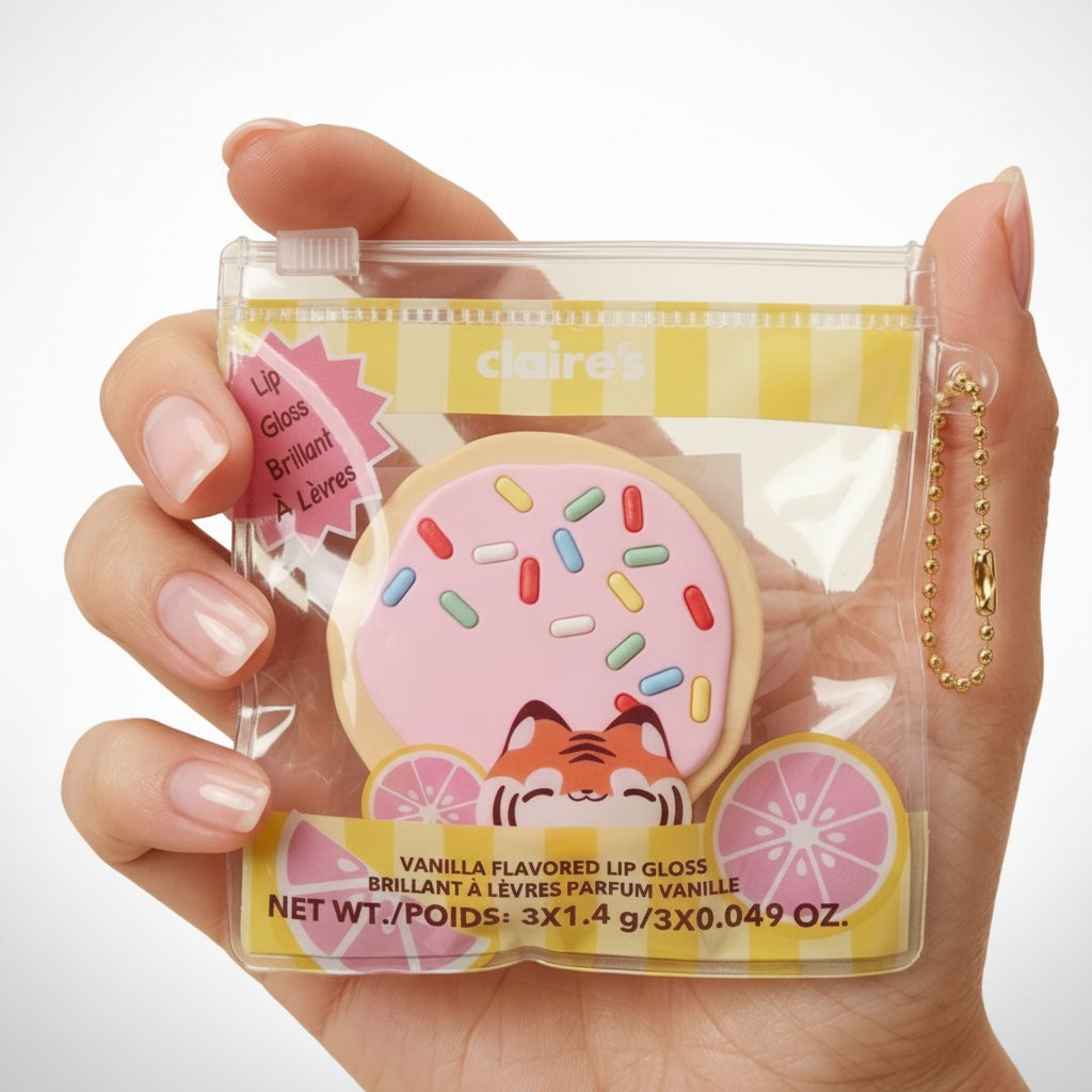 😍 Mon article préféré : subliiiime brillant à lèvres pailleté 3 compartiments 💄- lip gloss gourmand - parfum vanille🍦packaging irrésistiiible 🧁 -50 % !!!!!! 😱🤩 CLAIRE'S accessoires