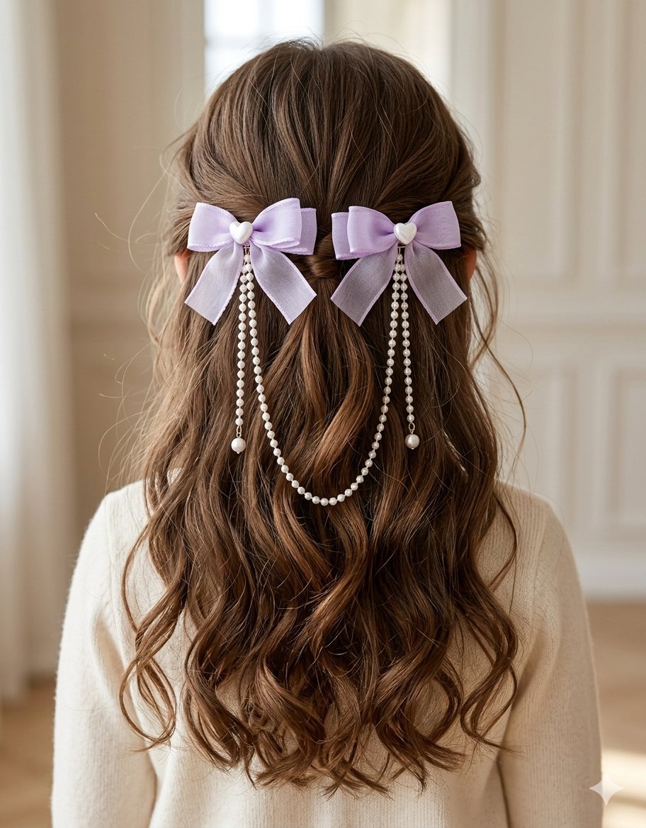 🎀 Aïd : Magnifique et originale ! Lot de 2 pinces à cheveux nœuds mauves reliées par pendentif en perles - neuves - SHEIN