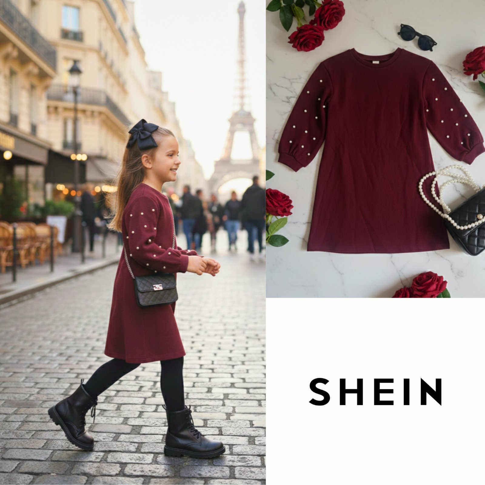 😍 Sublime robe pull rouge bordeaux manches bouffantes fille 7 ans SHEIN