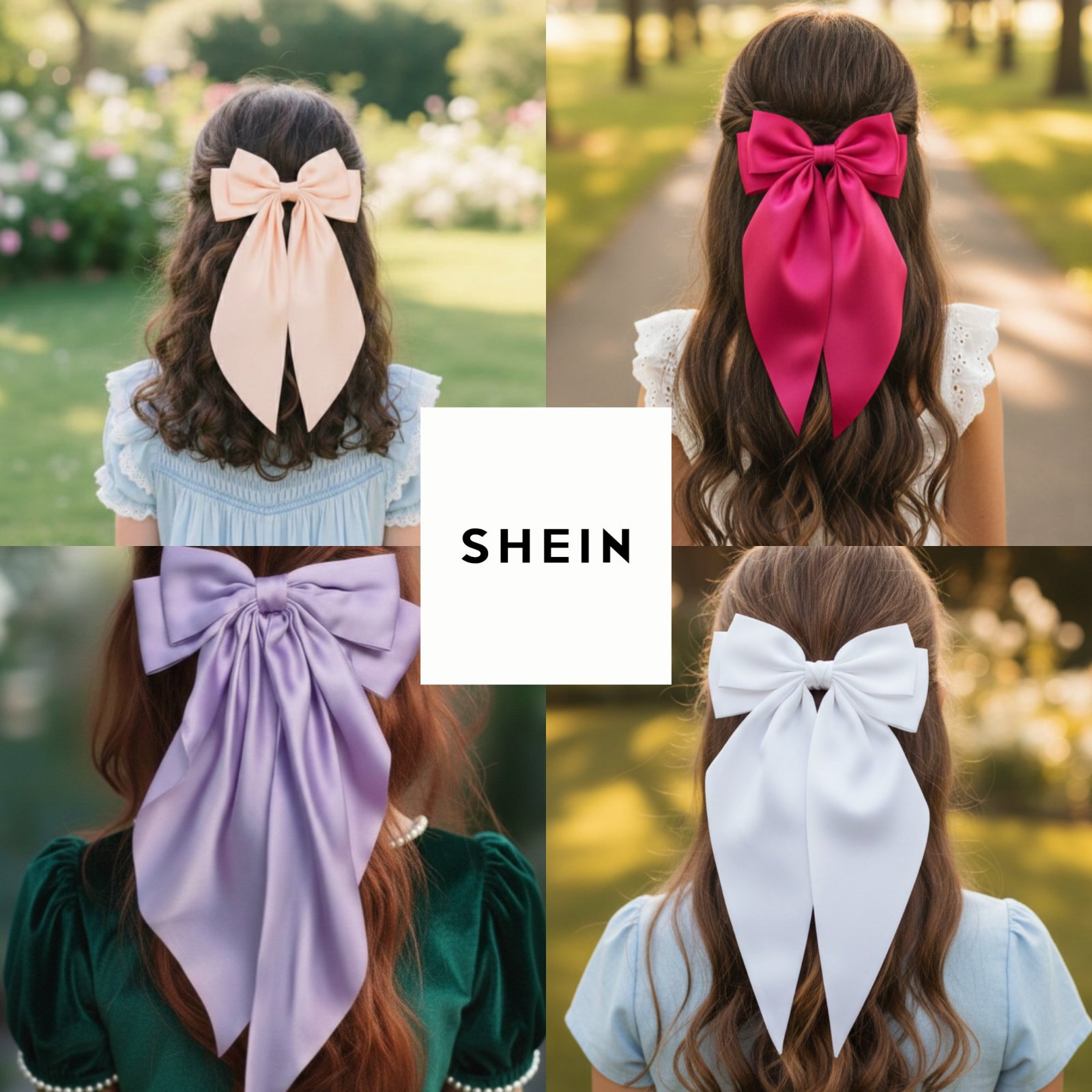 🎀 Aïd : 4 pinces / barrettes nœud à l'unité ou en lot - satin - blanc, framboise, rose pêche et mauve lilas - SHEIN