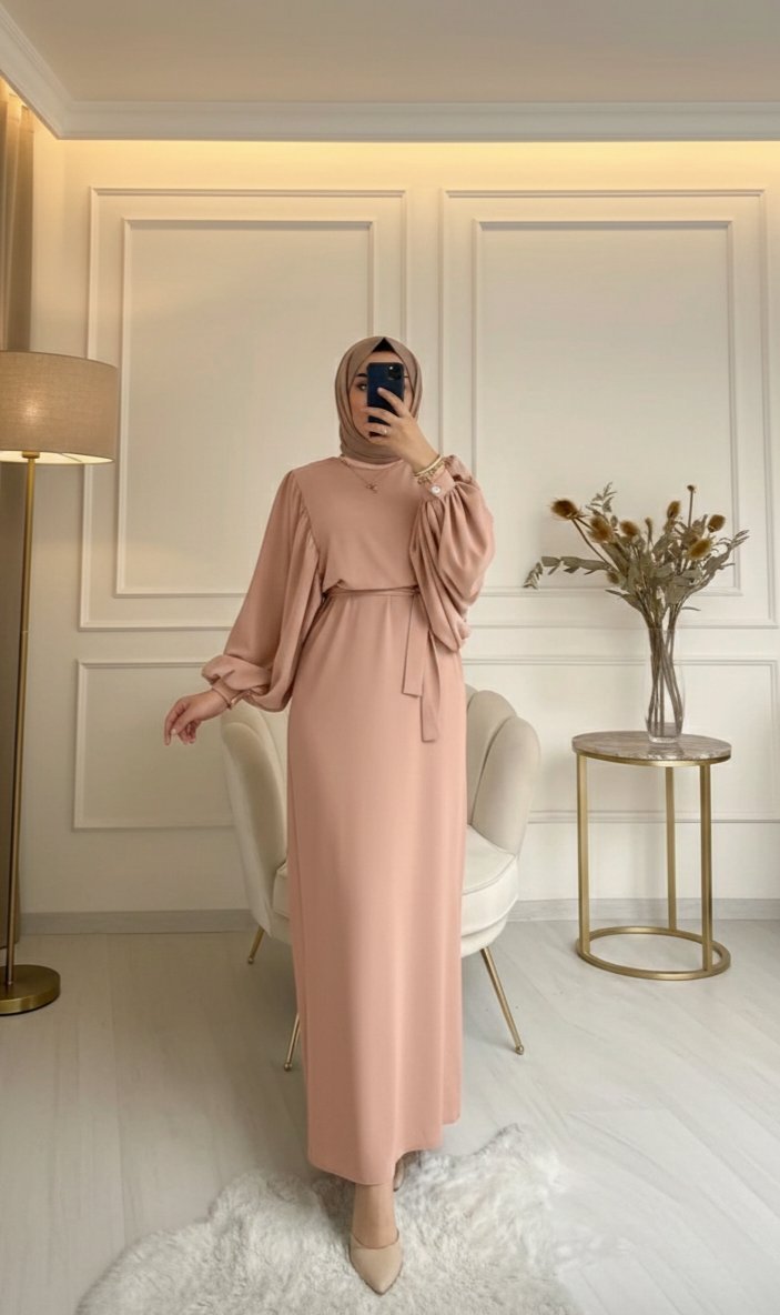 😱😍 Magnifique robe avec ceinture et manches bouffantes pour femme to9tel 🤩🤩🤩 couleur nude / pêche taille M - idéale pour l'aïd