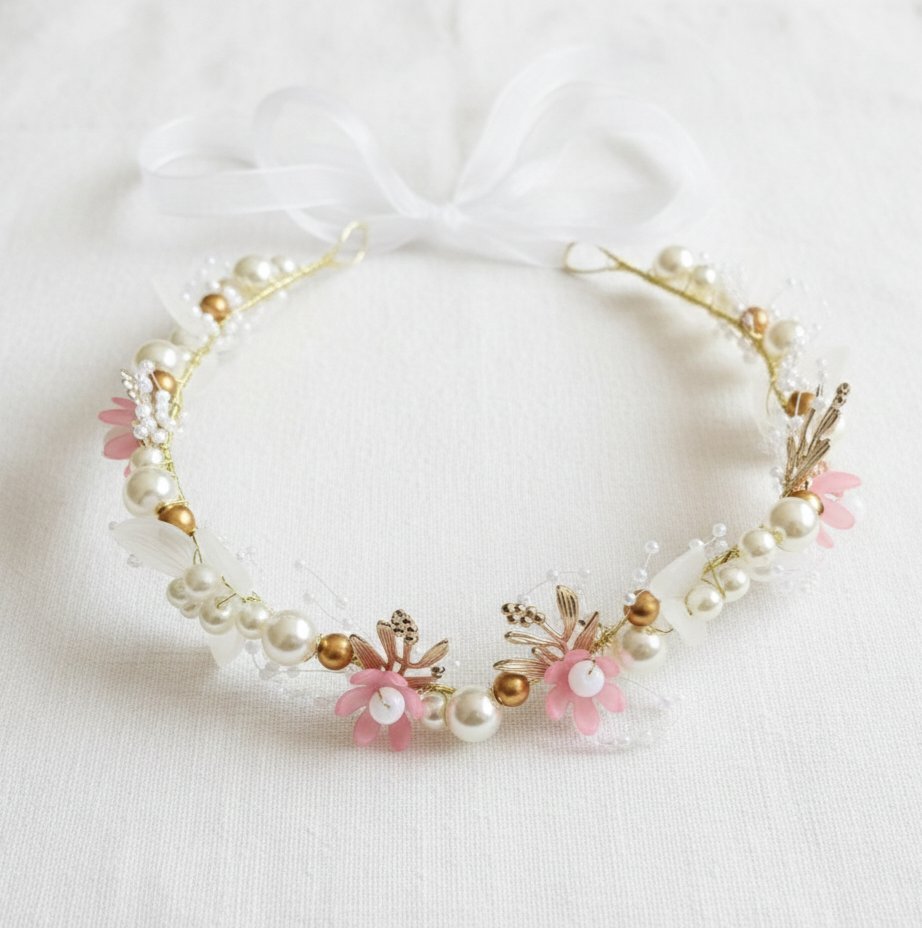 Couronne de fleurs roses et perles 🌸