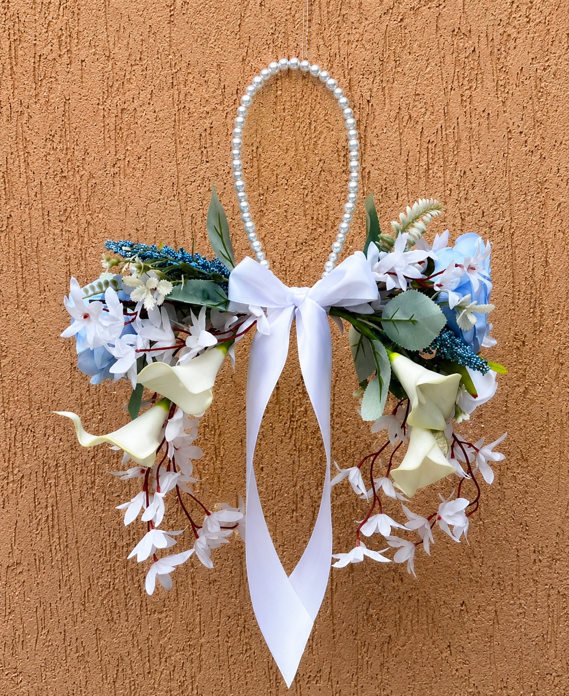 Sac bouquet de mariée / demoiselle d’honneur fait main fleurs bleu et blanc avec perles