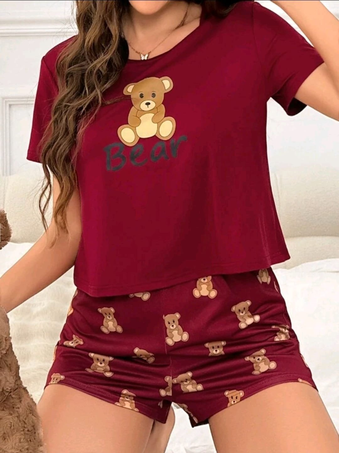 🧸 Pyjama d'Été 2 Pièces Ours Mignon – Rouge Bordeaux – Taille L (Neuf) 🧸