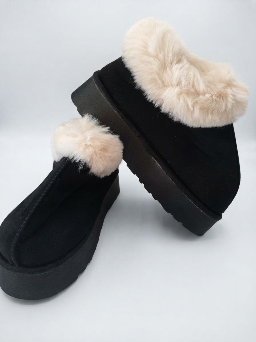 Chaussons / Bottines plateforme noir & fourrure beige - Pointure 39 - Neufs