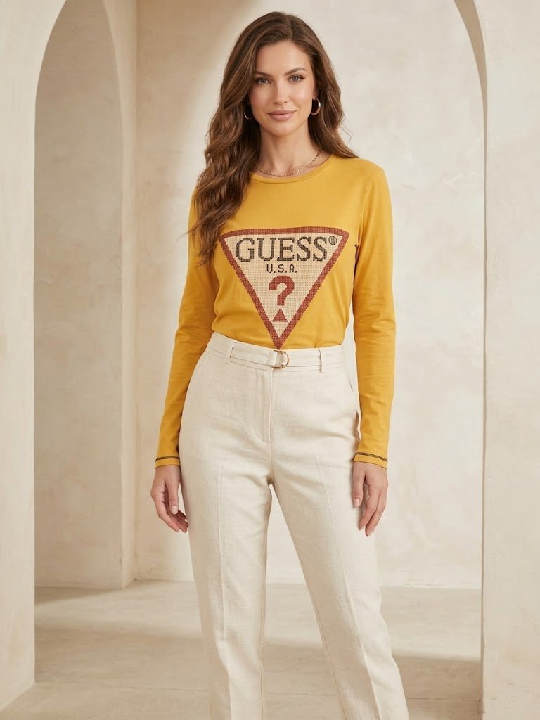 T-shirt Manches Longues GUESS Jaune Moutarde Logo Triangle - Taille 14 ans / XS