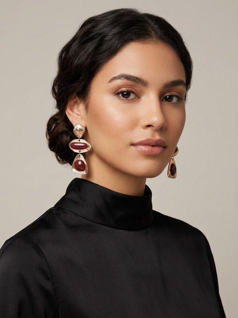 Boucles d'oreilles pendantes dorées et bordeaux effet émail - Neuves