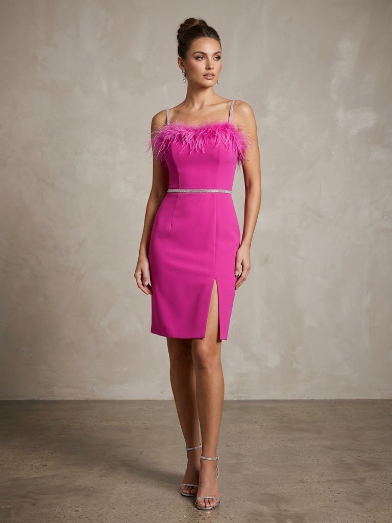 ✨ Superbe Robe de Soirée Fuchsia à Plumes & Paillettes (Taille 42) ✨
