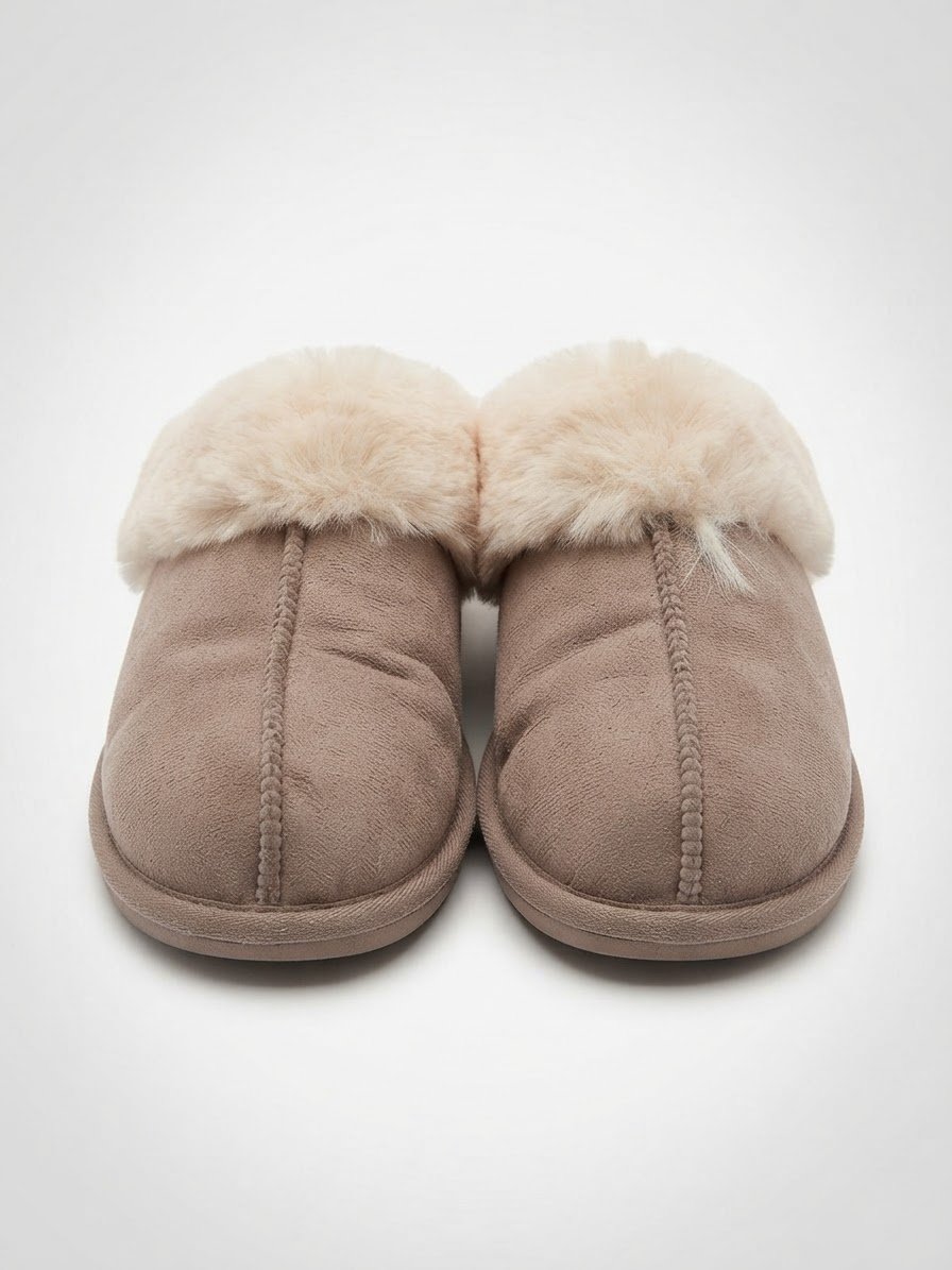 Chaussons/Mules d'intérieur en suédine taupe & fausse fourrure - Pointure 39