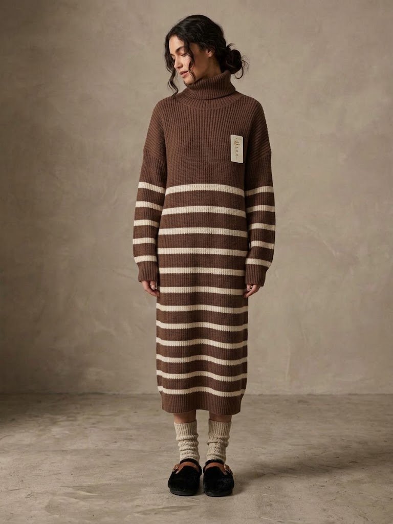 Robe-pull longue col montant marron et écru L.C.2 - Neuve avec étiquette