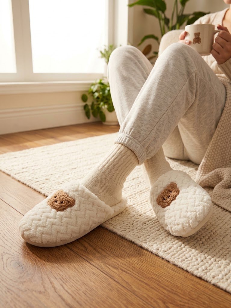 Chaussettes / Pantoufles d'intérieur doudou motif Ourson – Blanc cassé