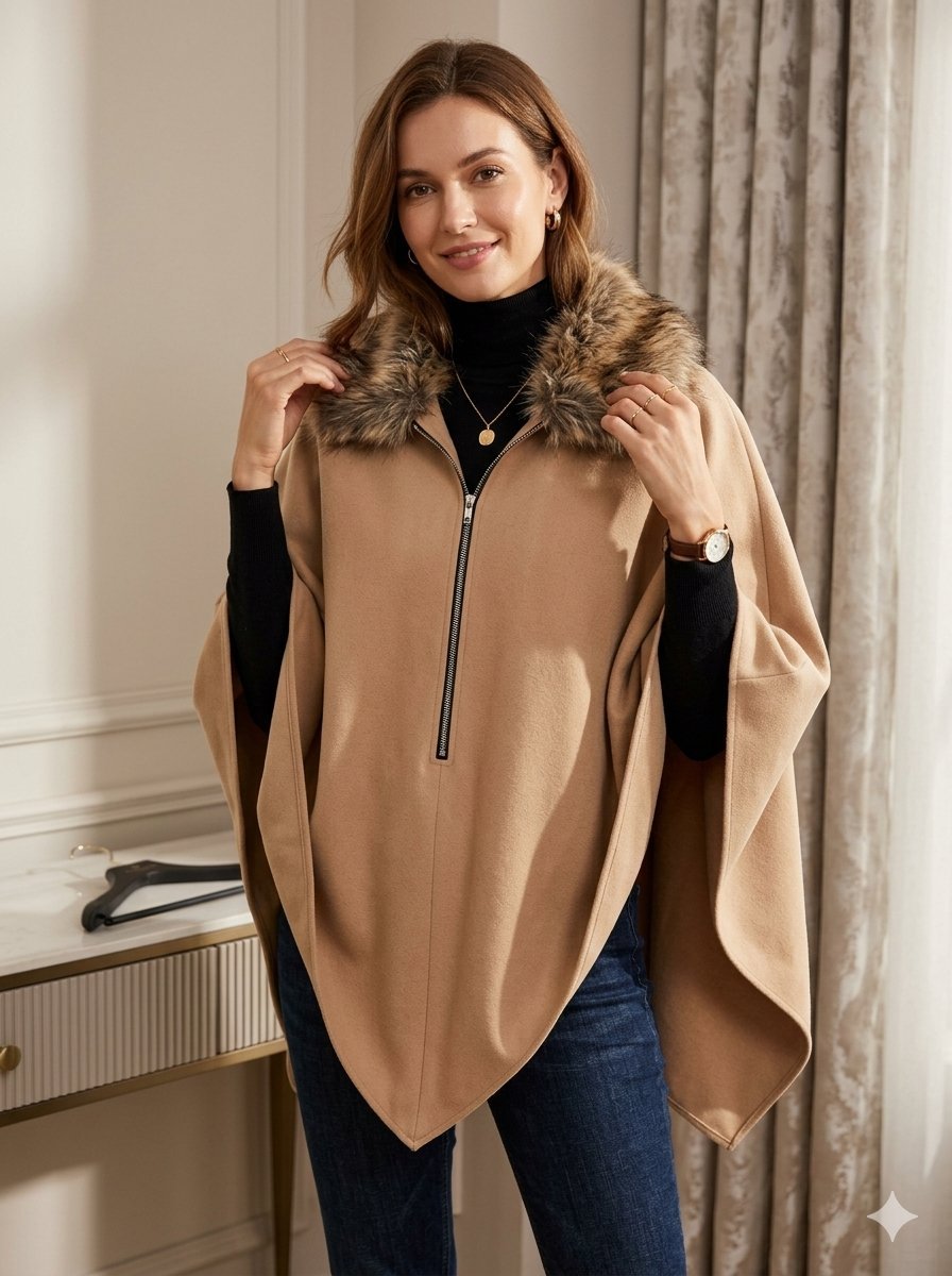 Cape / Poncho beige Made in Italy avec fausse fourrure 🇫🇷✨