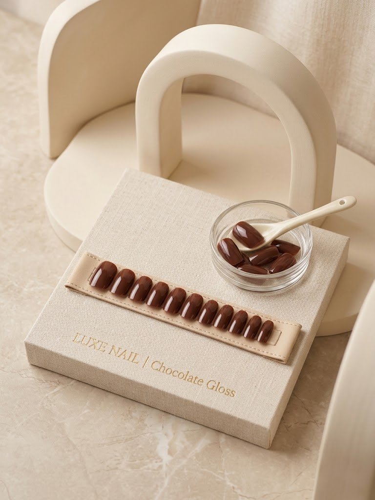 Faux Ongles Press-on Nails Marron Chocolat Brillant Neuf - Kit Complet