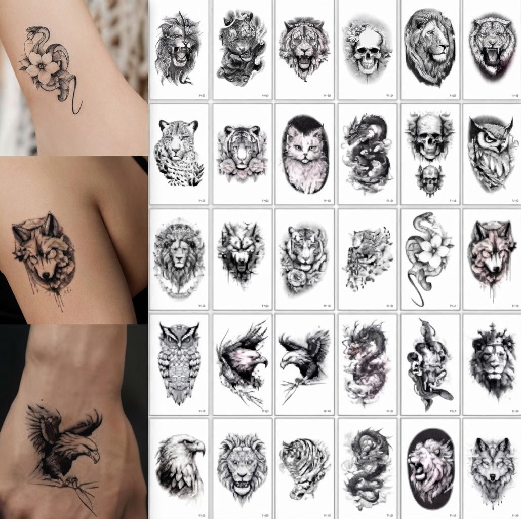 Feuilles de tatouages temporaires.Style de dessin détaillé et ombré