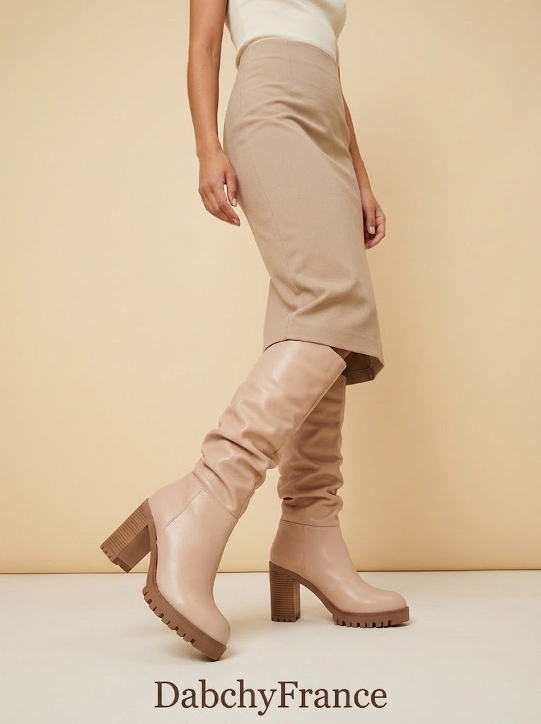 Bottes Hautes Plissées Nude Beige Talon Épais Semelle Crantée - Pointure 37