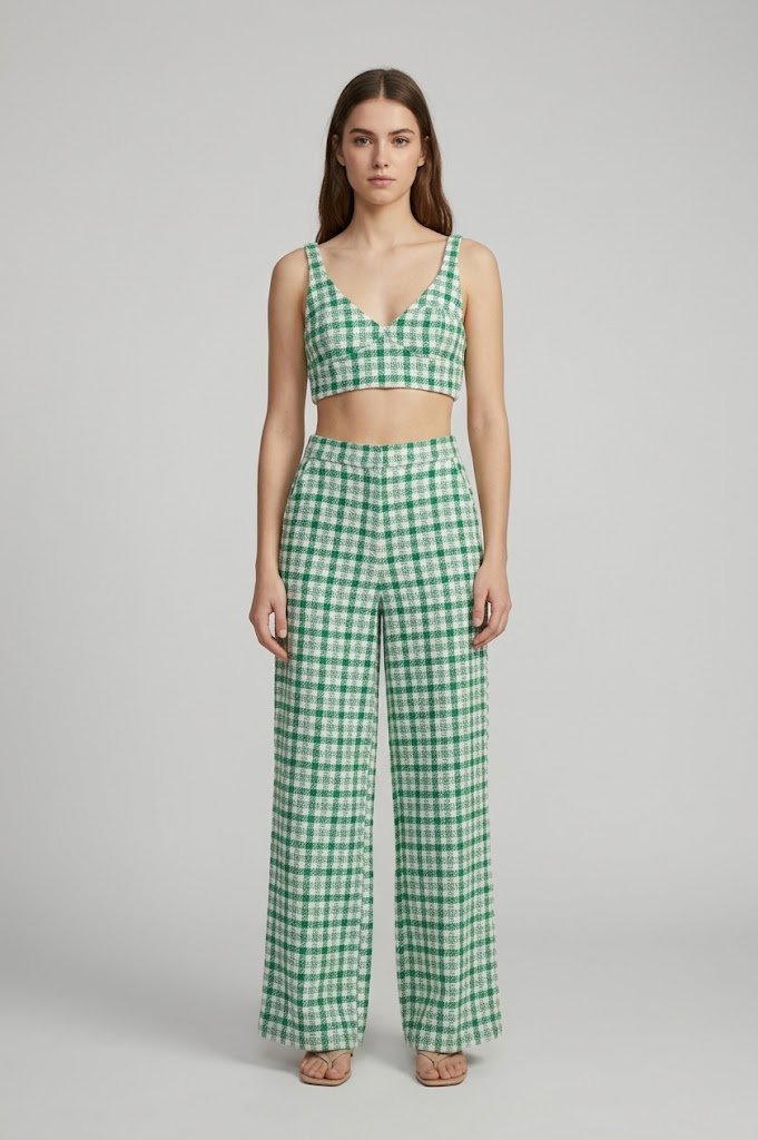 Ensemble crop top et pantalon large vichy vert & blanc Zara - Taille XS - Neuf