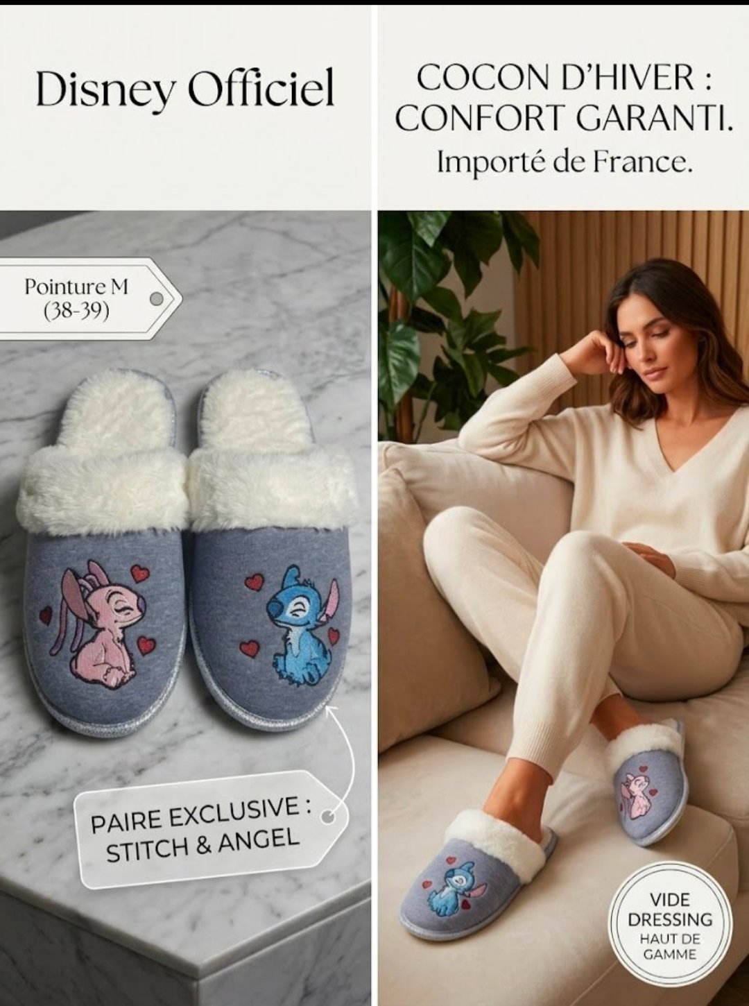 Chaussons Pantoufles Disney Stitch & Angel Gris Fourrés - Taille M