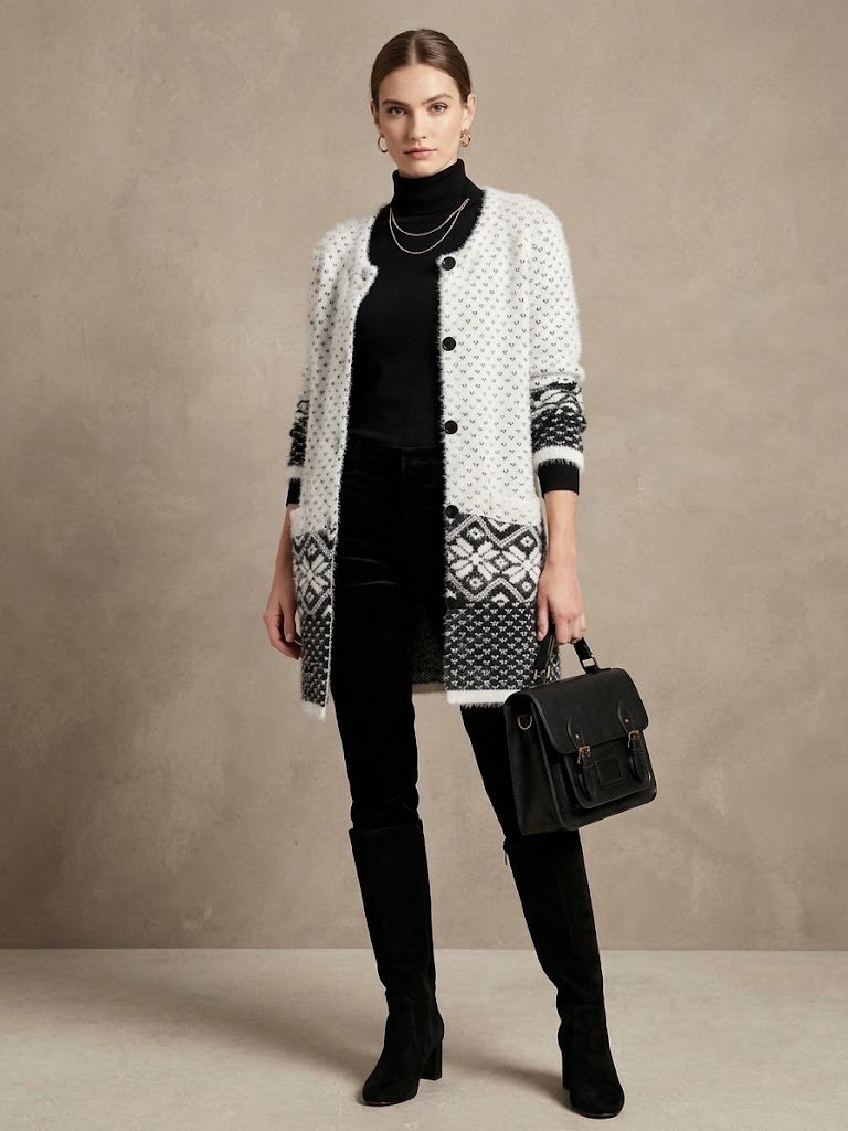 ✨ Gilet long en maille duveteuse noir et blanc XL/XXL - Neuf