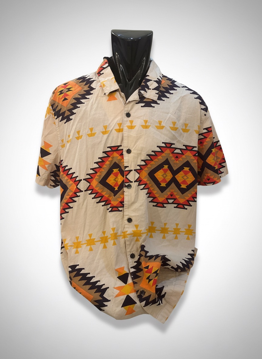 Cette chemise pop man est une chemise à manches courtes de couleur écru avec des motifs géométriques vibrants en orange et noir