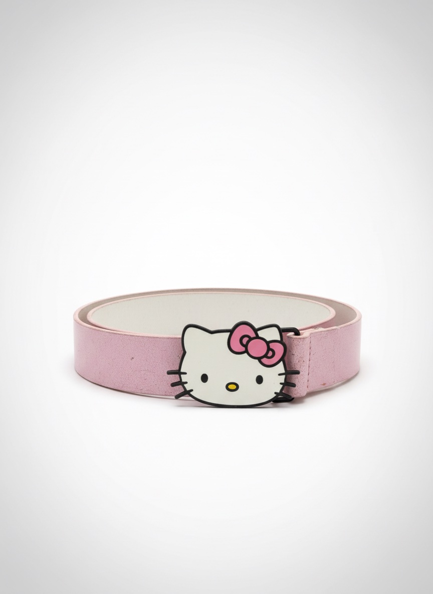 C'est une ceinture Hello Kitty rose de style Y2K avec une boucle en forme de tête de personnage