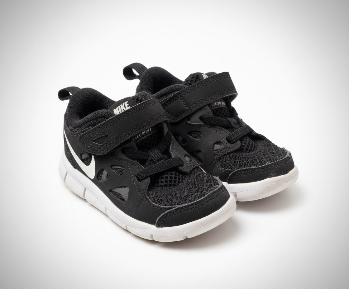 Ces baskets Nike Free Run 2 pour tout-petits sont noires avec une semelle blanche et disposent d'une fermeture à scratch pour les enfiler facilement