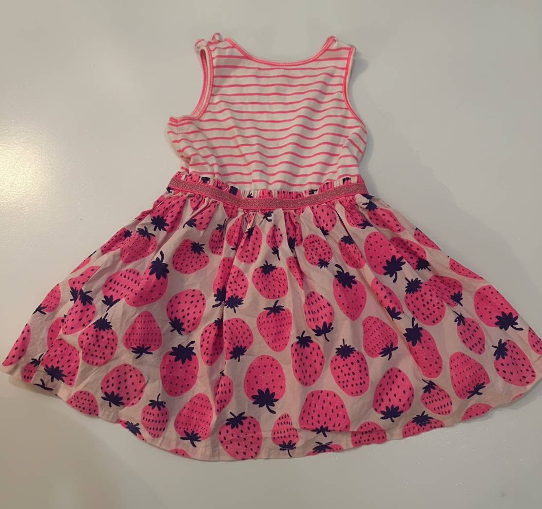 Cette robe Cat & Jack présente un haut à rayures roses et blanches avec un bas imprimé de fraises roses.