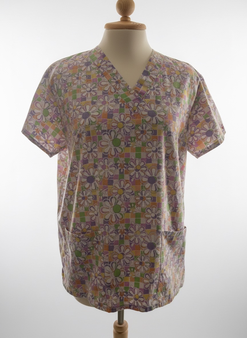 Cette blouse de travail pour femme arbore un motif floral coloré