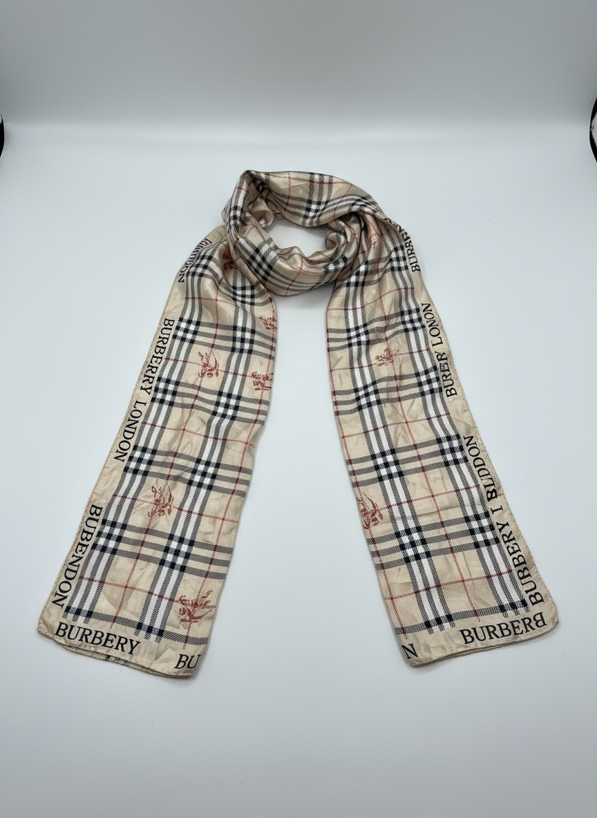 Ce foulard Burberry en soie arbore le motif à carreaux "Vintage Check" classique avec des logos "Burberry London" imprimés le long de la bordure