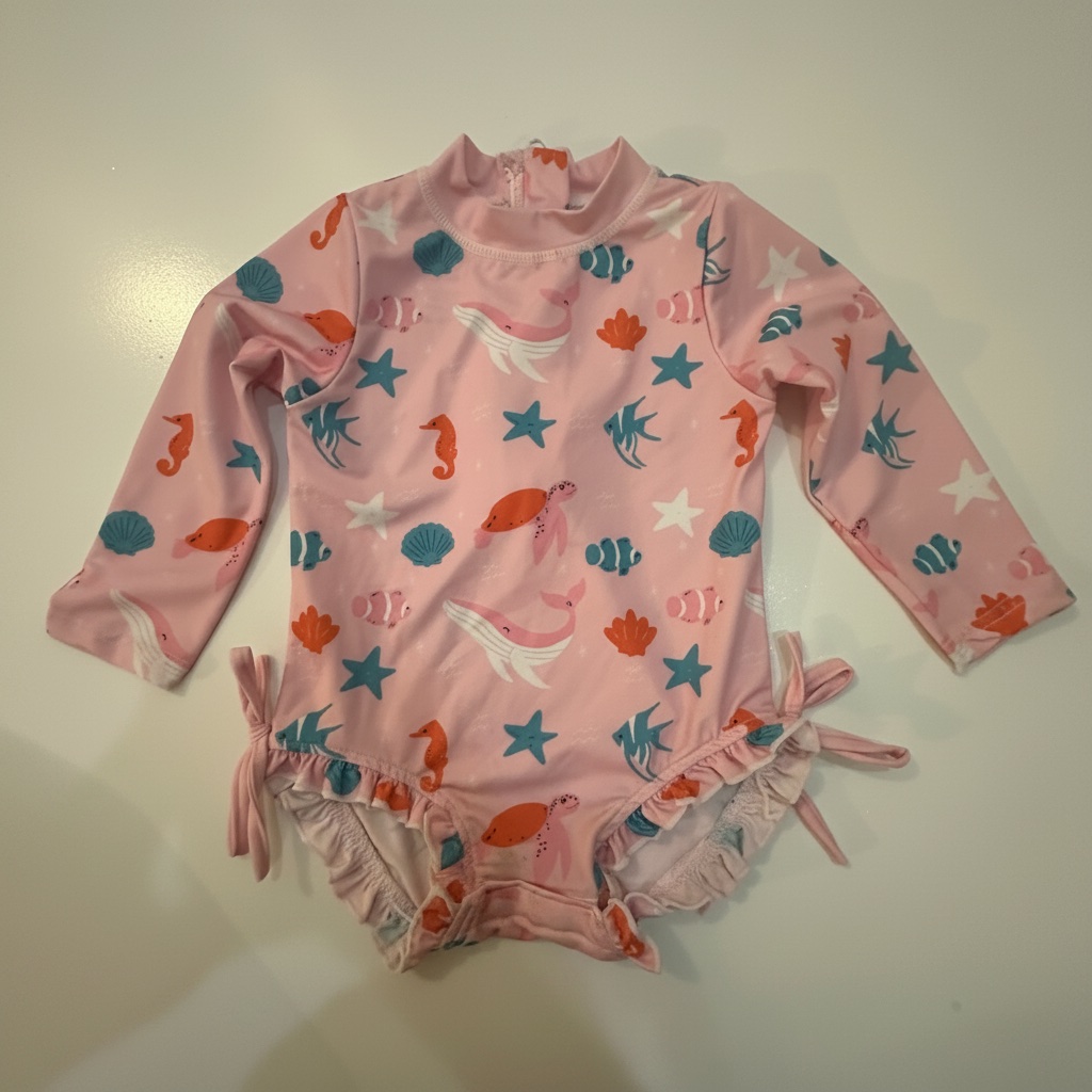 Ce maillot de bain une pièce rose à manches longues pour bébé fille présente un motif d'animaux marins et des détails à volants sur les cuisses