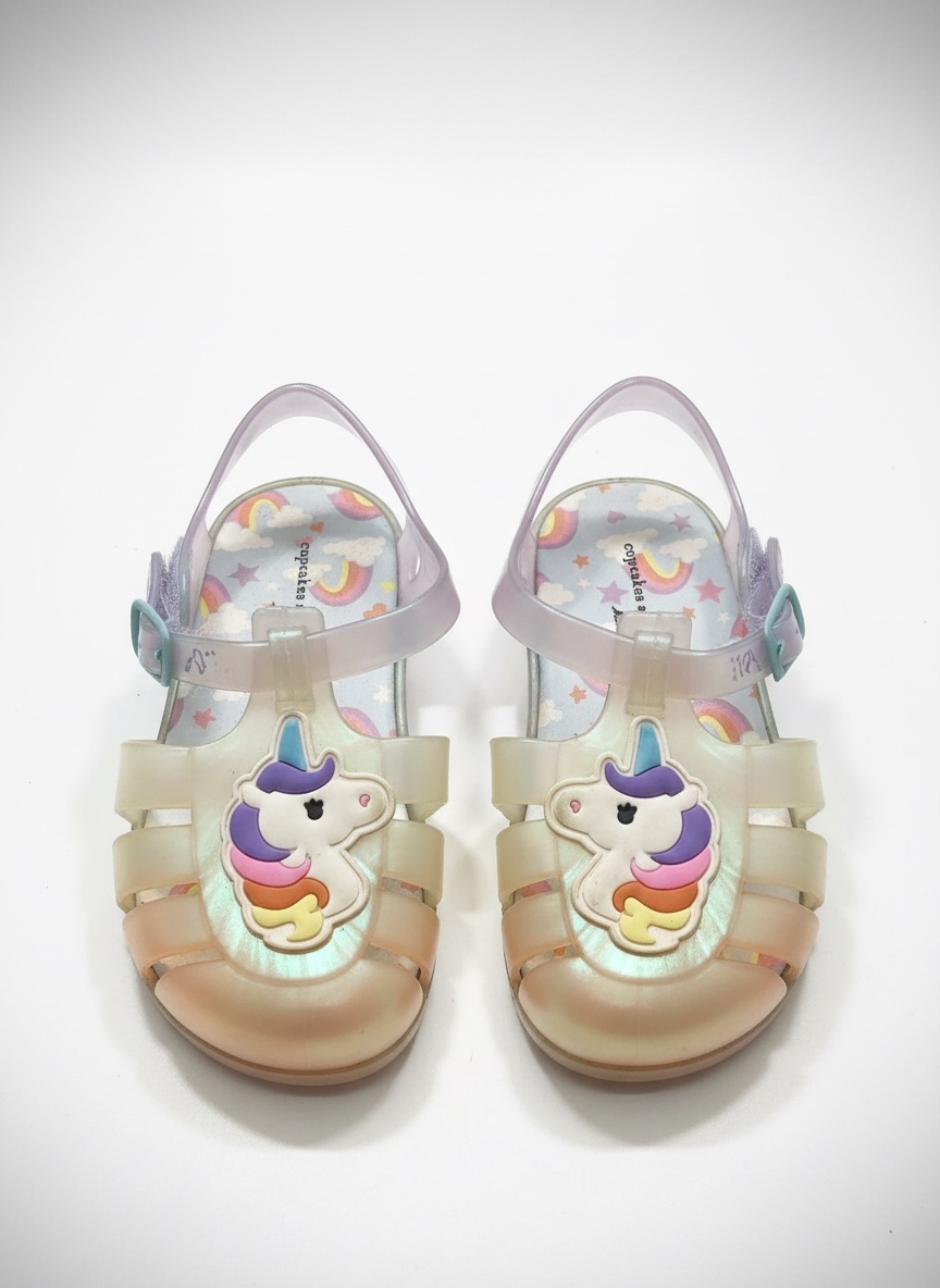 Ces sandales sont des chaussures de plage de type "jelly" pour enfants, ornées de licornes