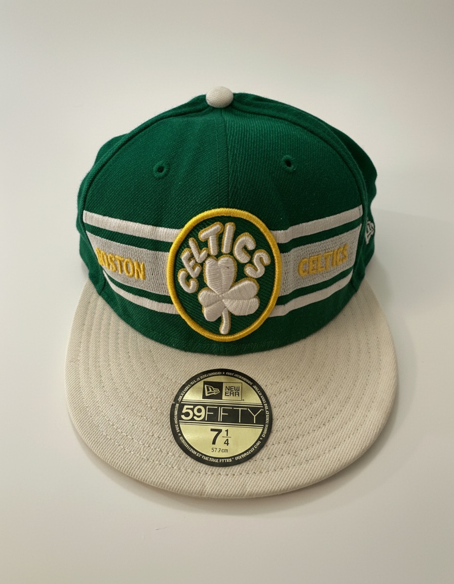 Cette casquette est une New Era 59FIFTY des Boston Celtics, caractérisée par une structure ajustée et un logo trèfle brod