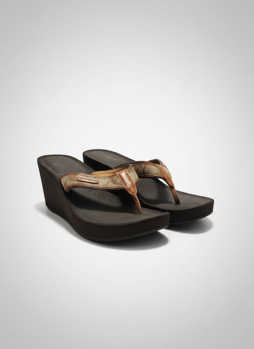 Ces sandales compensées pour femme de la marque Coach affichent un motif signature marron.