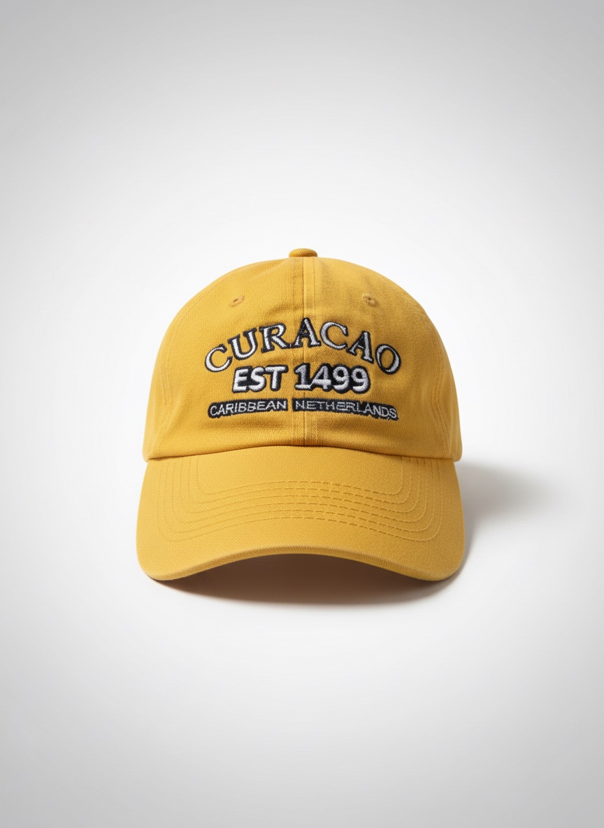 Cette casquette est une casquette de baseball jaune en coton avec une broderie souvenir « CURACAO EST 1499 CARIBBEAN NETHERLANDS