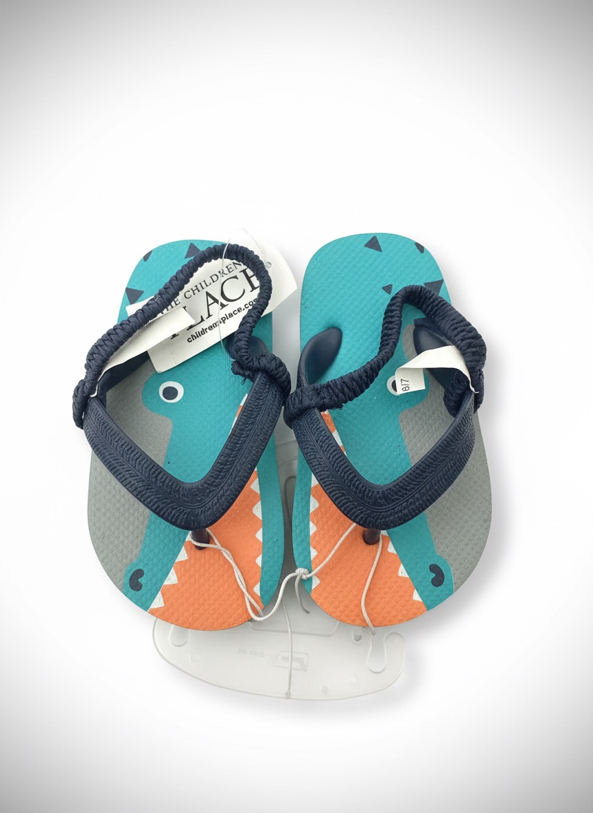 Ce sont des tongs pour tout-petits garçons de la marque The Children's Place, arborant un motif d'alligator bleu et orange