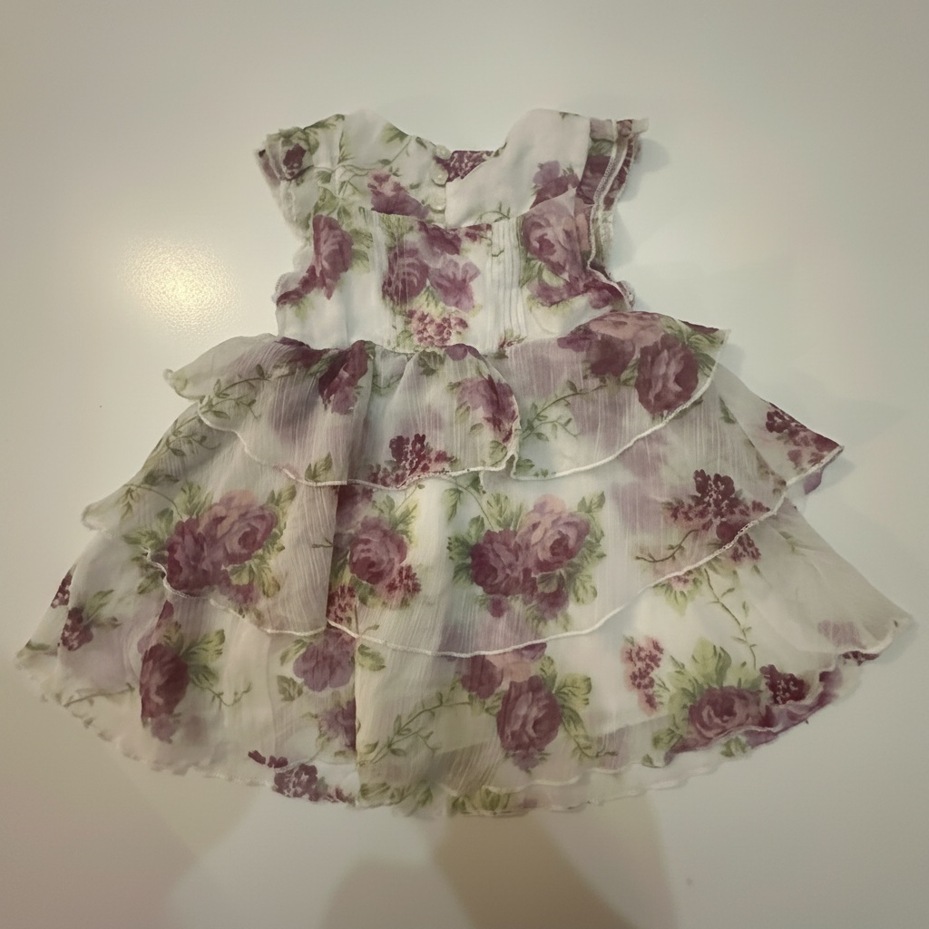 Cette robe à fleurs Monnalisa pour fille se distingue par son motif floral violet sur fond blanc et sa structure à volants en tulle